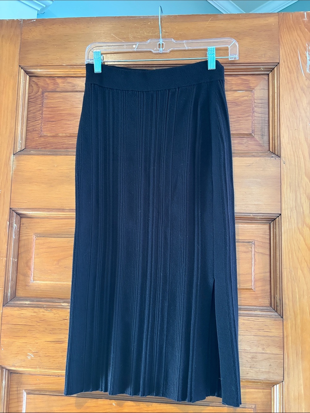 White House Black Market Black Ribbed Pleated Midi Skirt with Side Slit